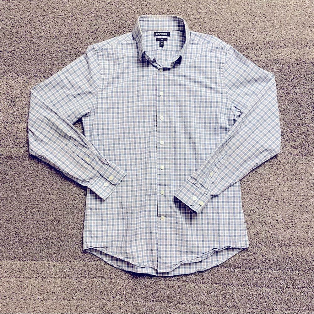 Men’s Express Slim Purple Plaid Shirt Size Small 14-14.5